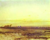 理查德 帕克斯 伯宁顿 : Landscape with Harvesters at Sunset